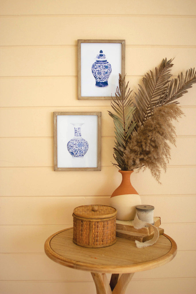 Set of 2 framed blue vase prints under glass - Bombay Mercantile