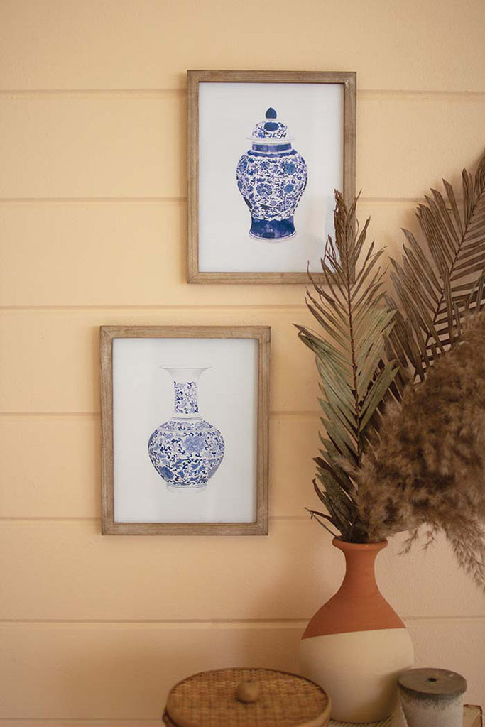 Set of 2 framed blue vase prints under glass - Bombay Mercantile