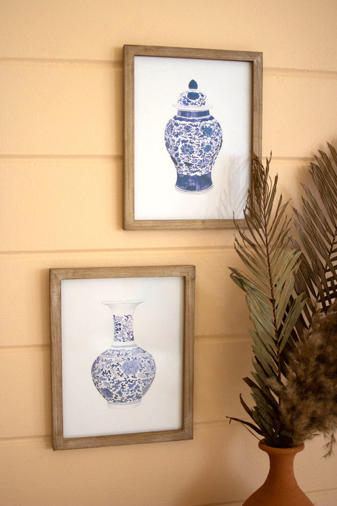 Set of 2 framed blue vase prints under glass - Bombay Mercantile