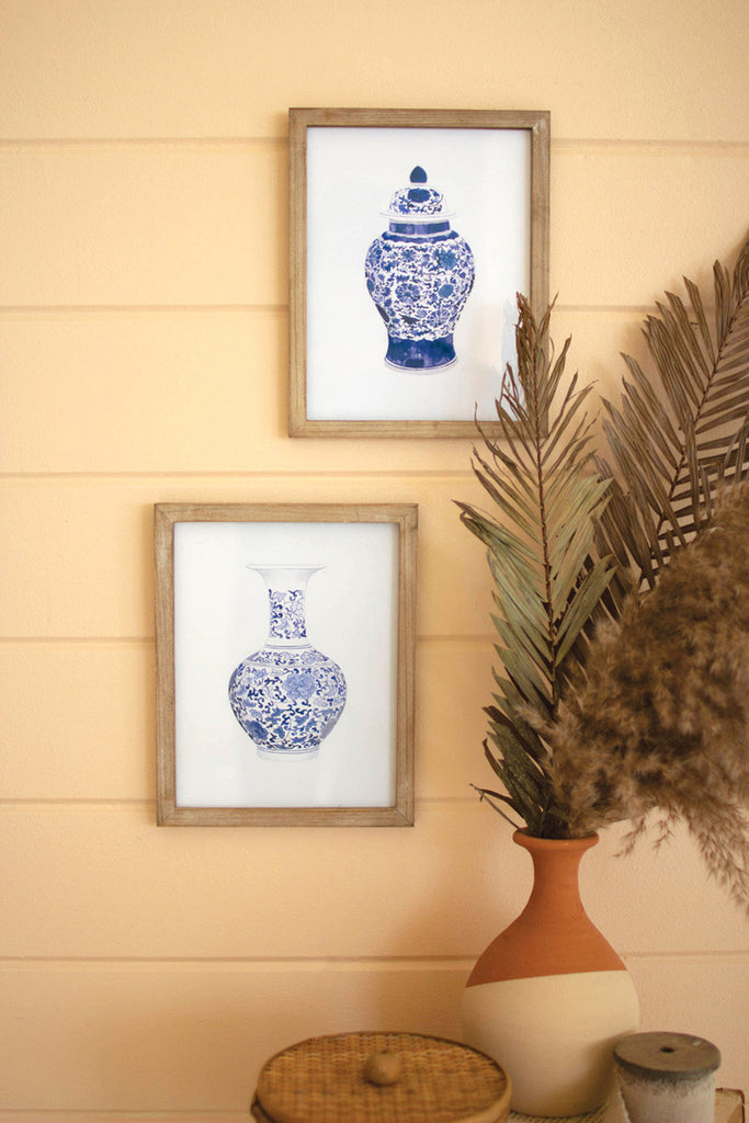 Set of 2 framed blue vase prints under glass - Bombay Mercantile