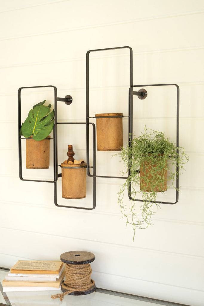 Metal wall rack with four wooden planters - Bombay Mercantile