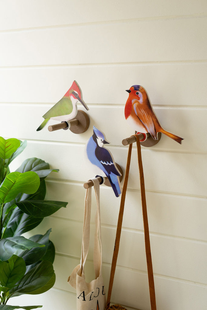 Set of 3 painted wooden birds on perches - Bombay Mercantile