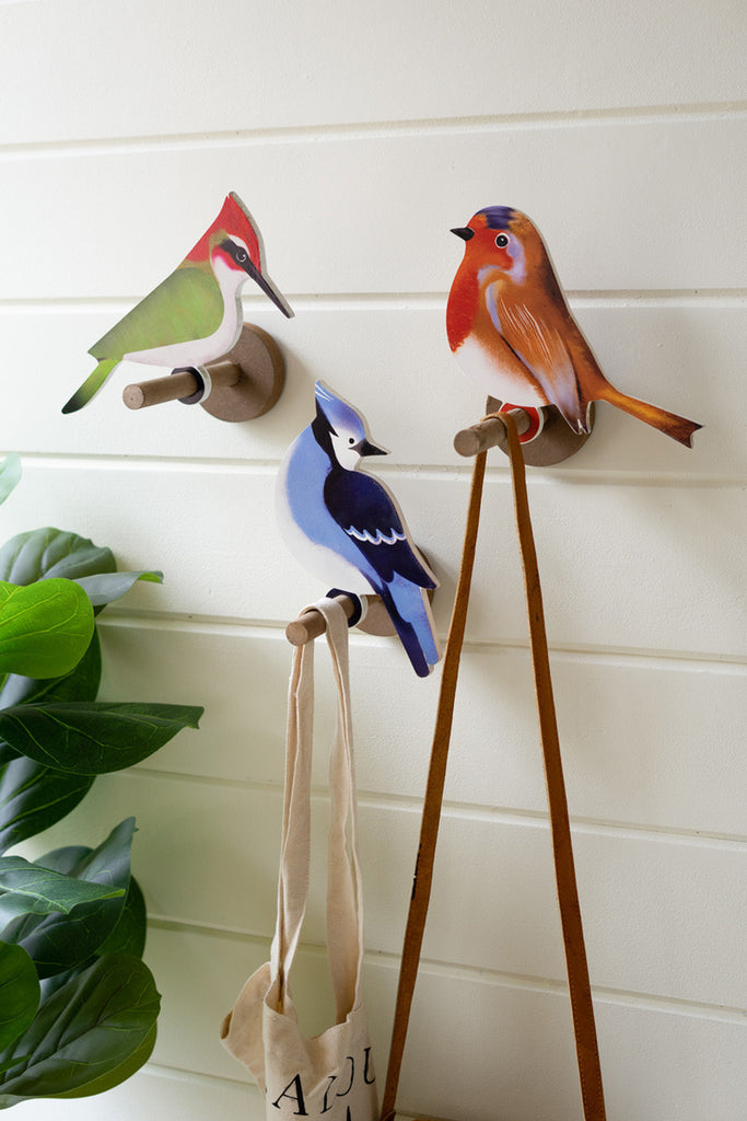 Set of 3 painted wooden birds on perches - Bombay Mercantile