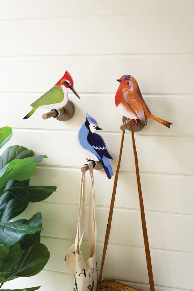 Set of 3 painted wooden birds on perches - Bombay Mercantile