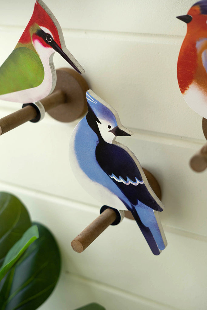 Set of 3 painted wooden birds on perches - Bombay Mercantile