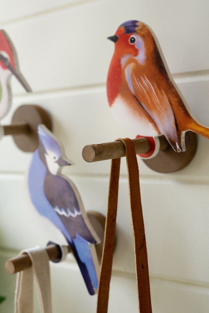 Set of 3 painted wooden birds on perches - Bombay Mercantile