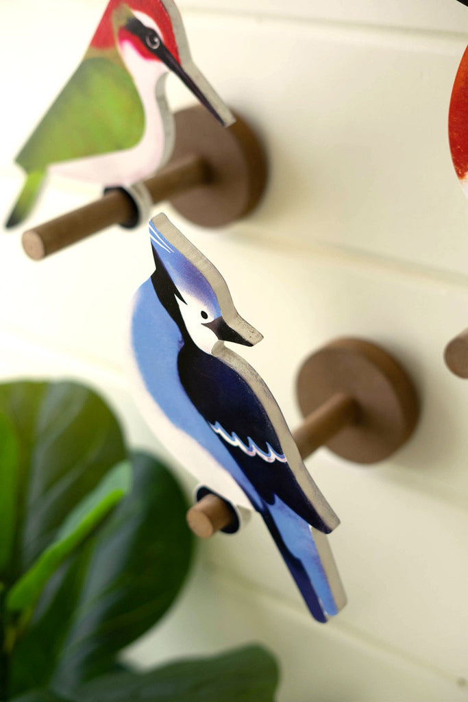 Set of 3 painted wooden birds on perches - Bombay Mercantile