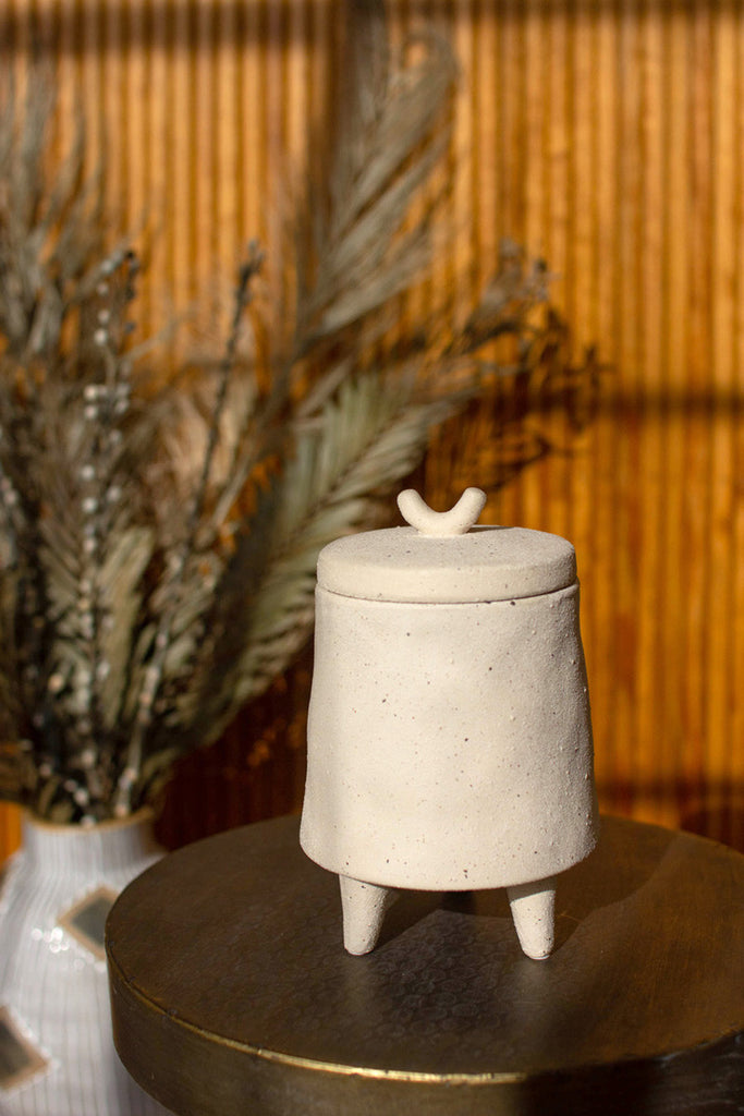 Ceramic cylinder canister with three feet - Bombay Mercantile