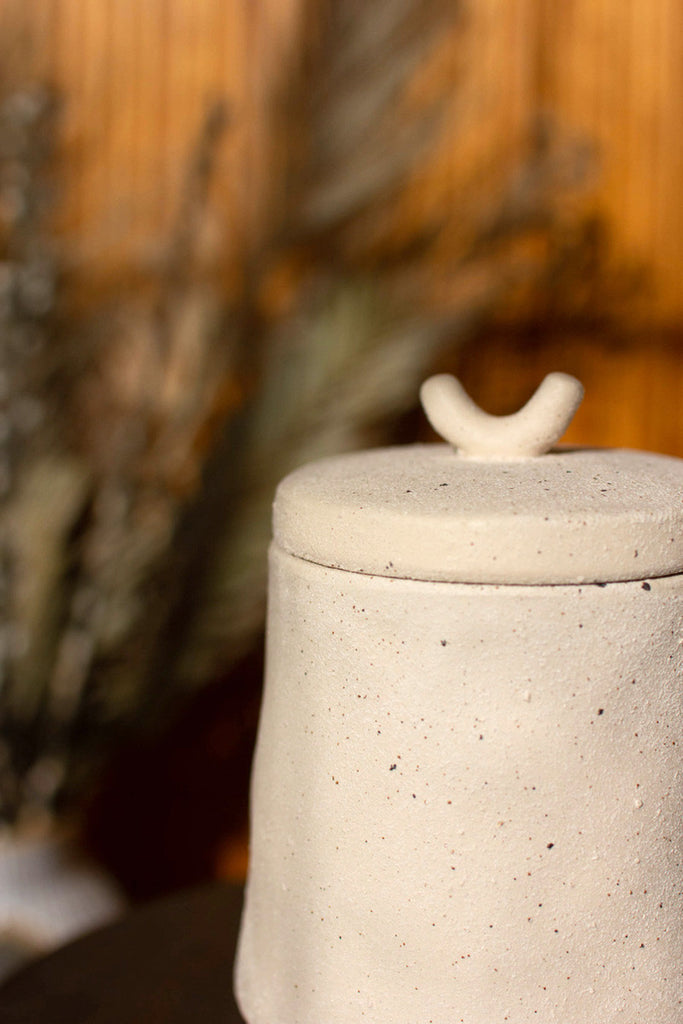 Ceramic cylinder canister with three feet - Bombay Mercantile