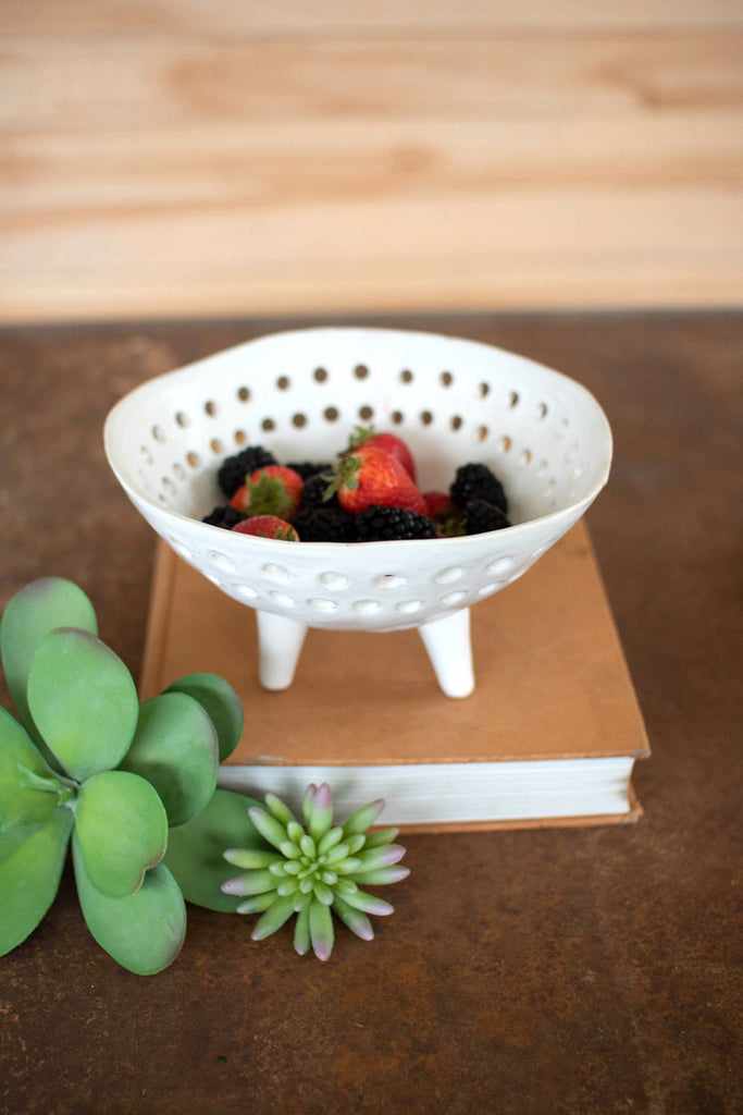 Footed white ceramic berry bowl - Bombay Mercantile