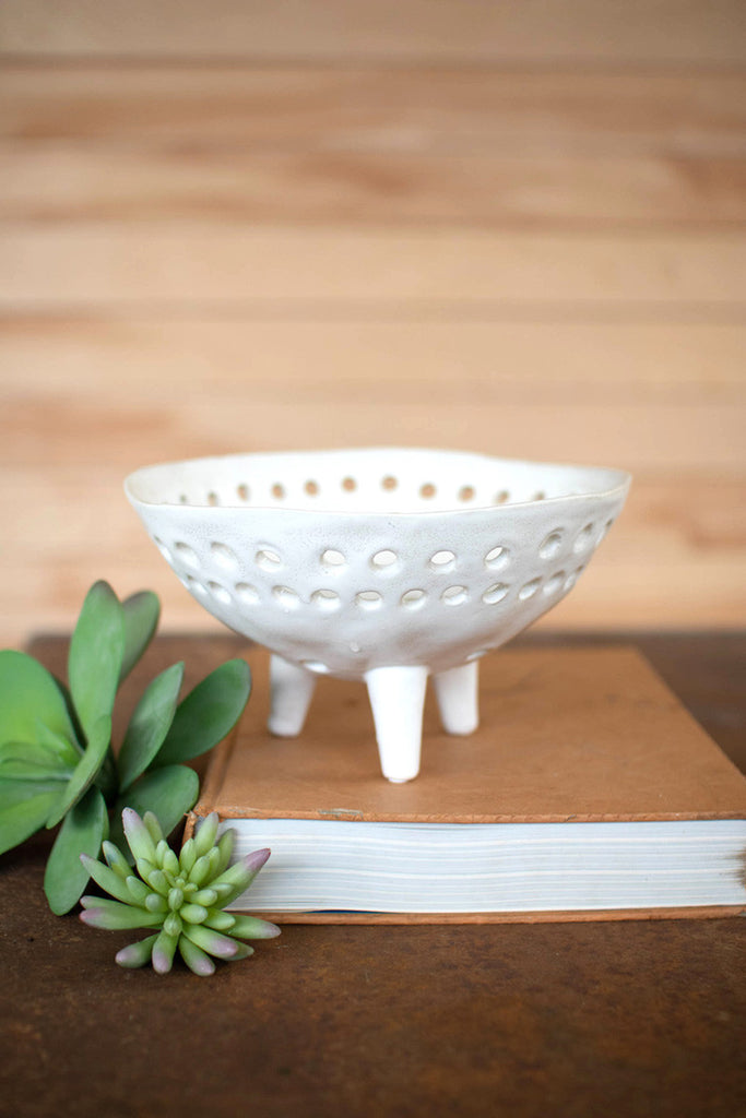 Footed white ceramic berry bowl - Bombay Mercantile
