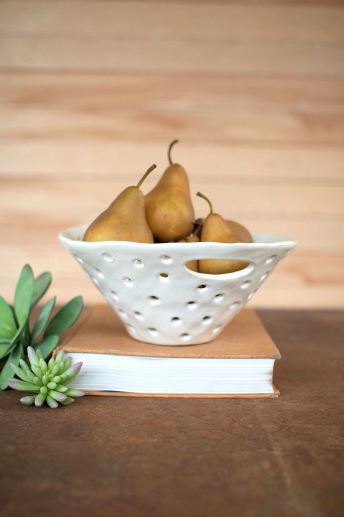 White ceramic berry bowl with a handles - Bombay Mercantile