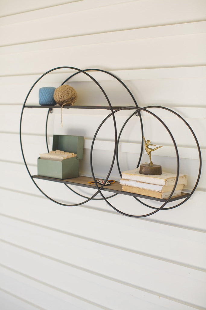 Metal double circle wall unit with wood shelves - The Nifty Decor