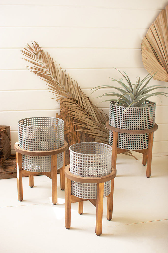 Planters with wood stands, set of 3 - The Nifty Decor