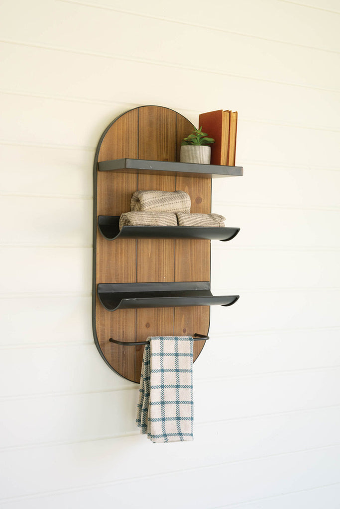 Wood & iron towel rack with cosmetic tray - Bombay Mercantile