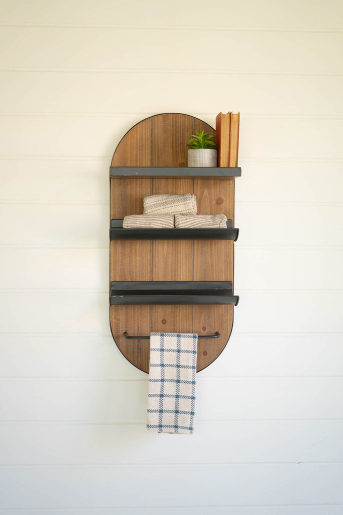 Wood & iron towel rack with cosmetic tray - Bombay Mercantile