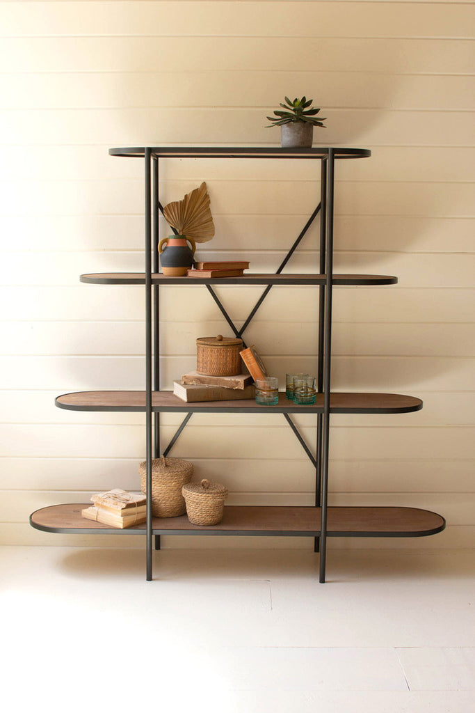 Oval wood & metal four-tiered display shelf - Bombay Mercantile