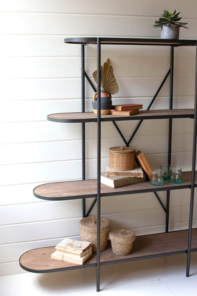 Oval wood & metal four-tiered display shelf - Bombay Mercantile