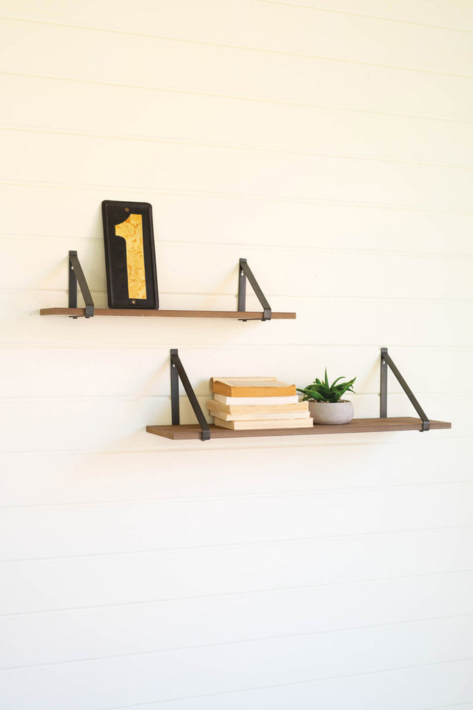 Set of 2 metal strapped wood shelves - Bombay Mercantile