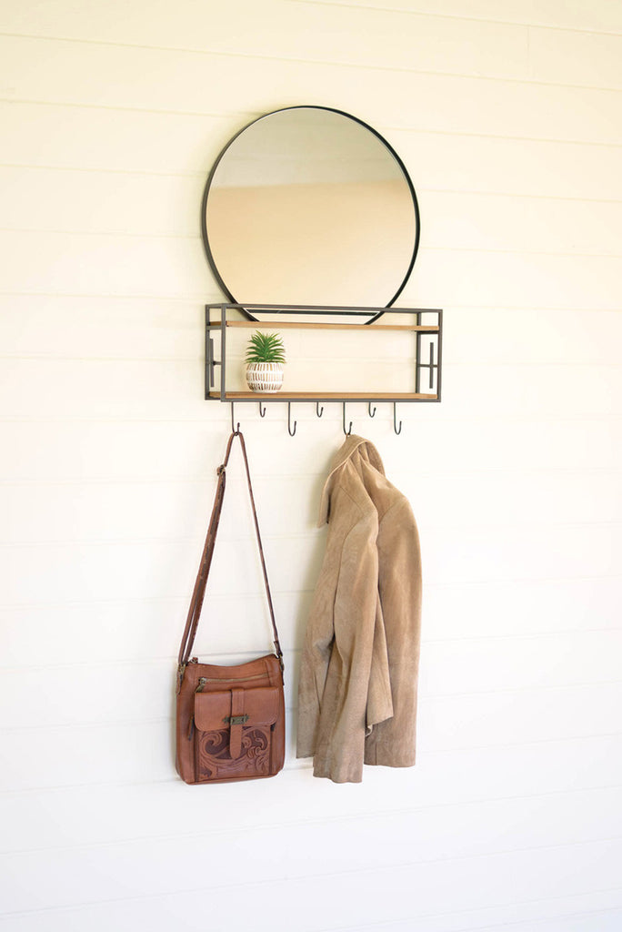 Wood and metal round mirror with shelf - Bombay Mercantile