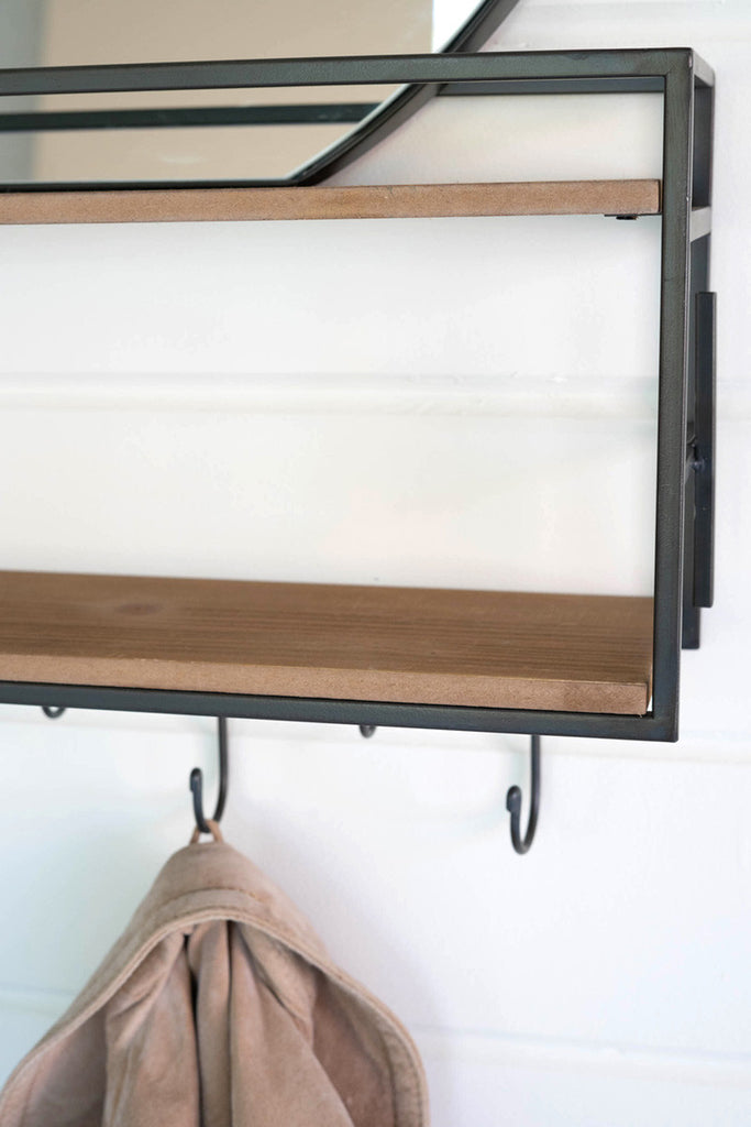 Wood and metal round mirror with shelf - Bombay Mercantile