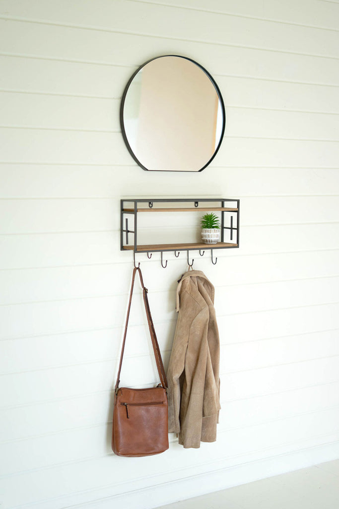 Wood and metal round mirror with shelf - Bombay Mercantile