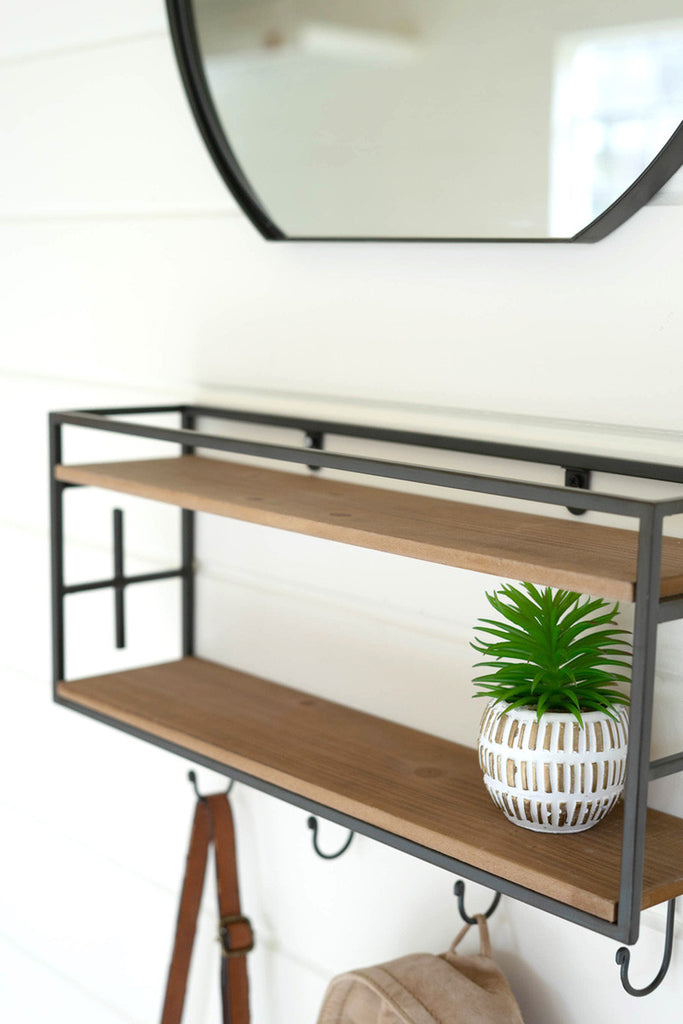 Wood and metal round mirror with shelf - Bombay Mercantile