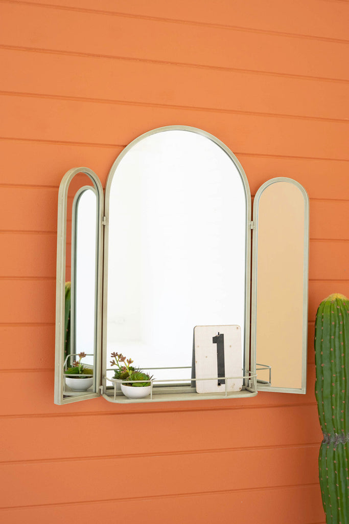 Industrial green tri-folding mirror with shelf - Bombay Mercantile