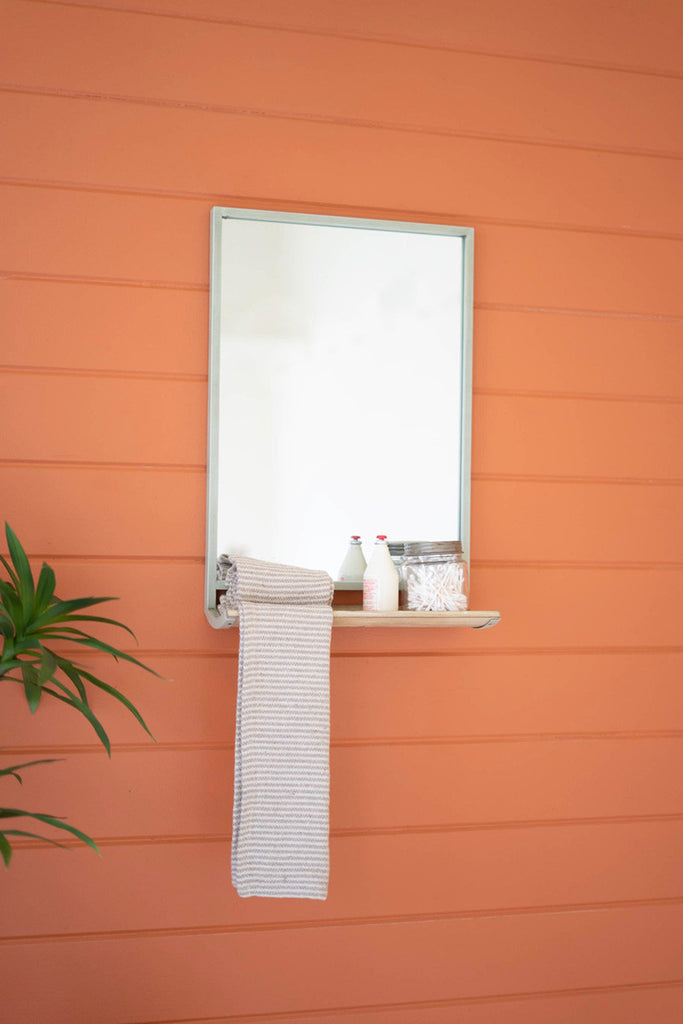 Industrial green metal framed rectangle mirror with wooden shelf - Bombay Mercantile