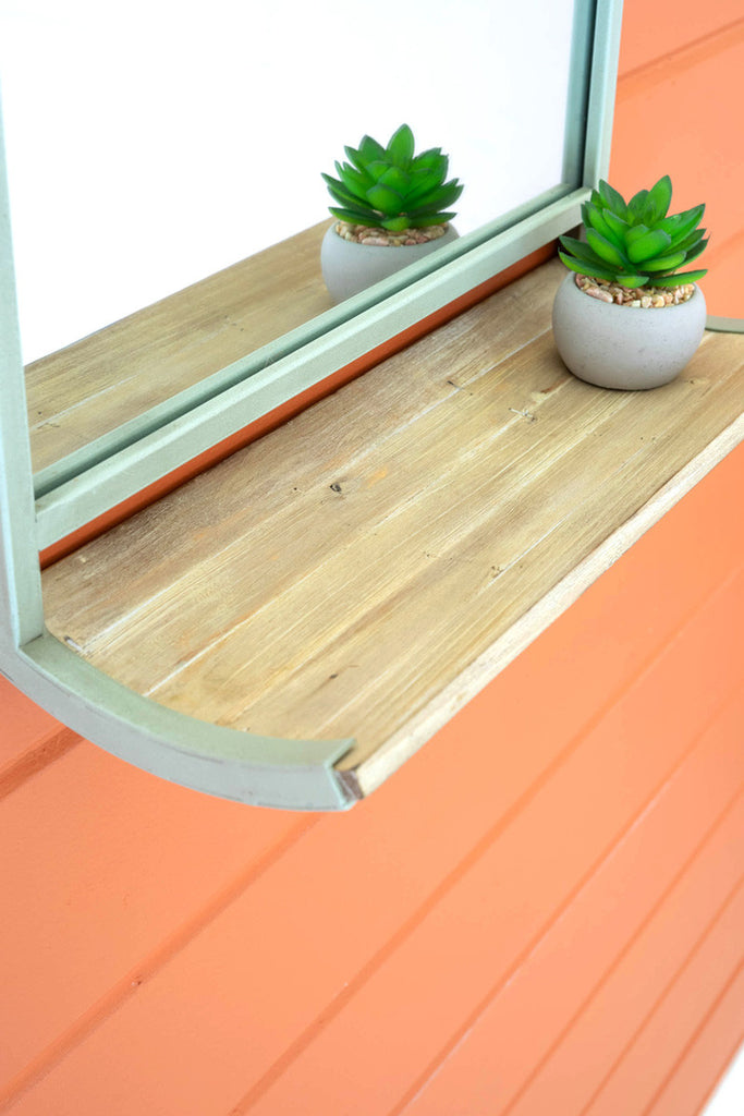 Industrial green metal framed rectangle mirror with wooden shelf - Bombay Mercantile
