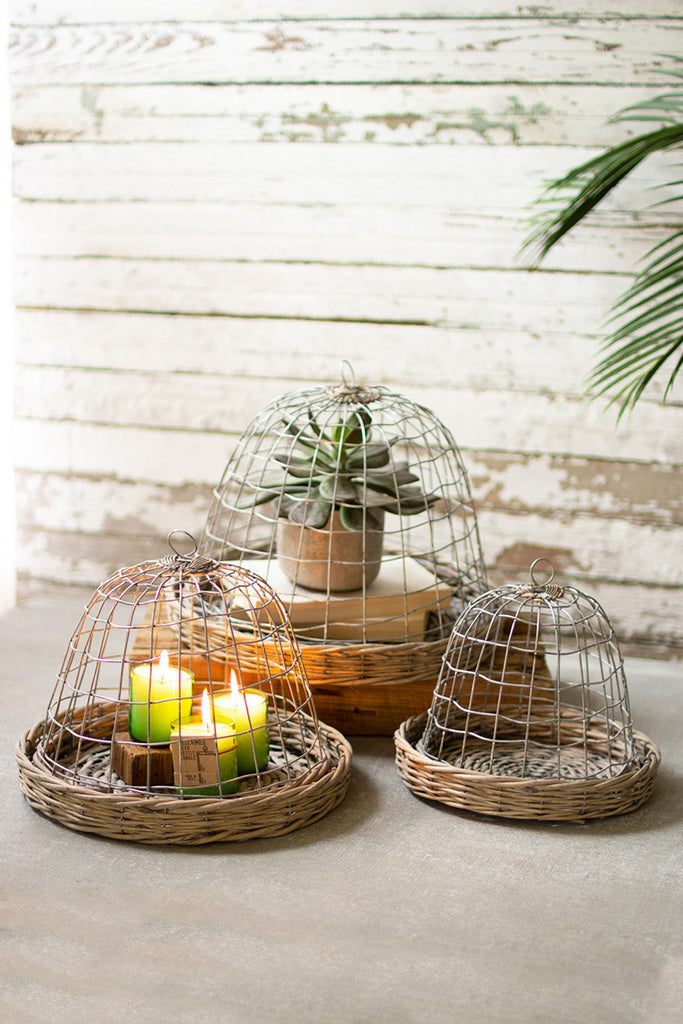Wire cloches with wicker bases, set of 3 - The Nifty Decor