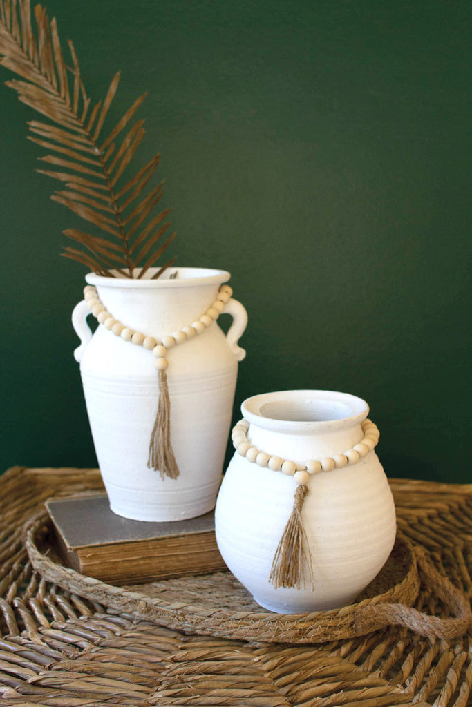 Set of 2 white clay pots with wood bead tassels - Bombay Mercantile