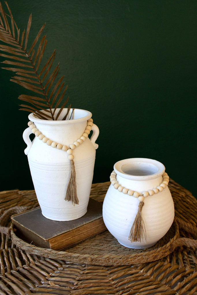 Set of 2 white clay pots with wood bead tassels - Bombay Mercantile