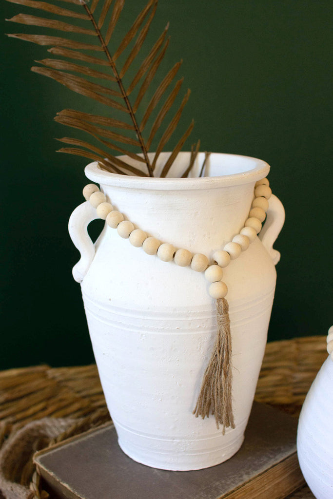 Set of 2 white clay pots with wood bead tassels - Bombay Mercantile