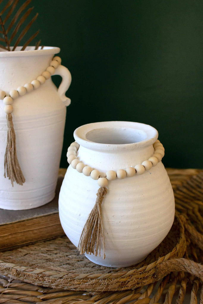 Set of 2 white clay pots with wood bead tassels - Bombay Mercantile
