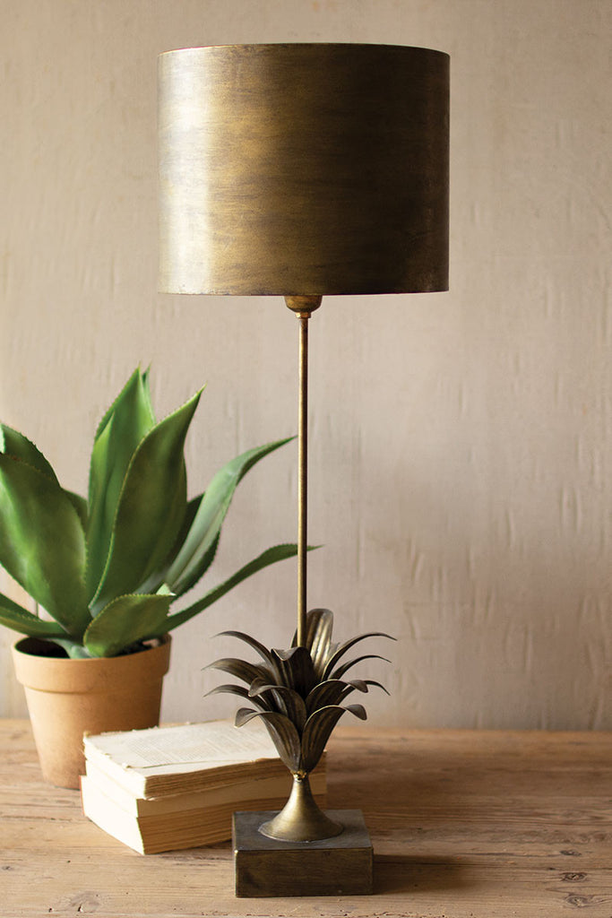 Antique gold metal table lamp with leaf accent and metal shade - The Nifty Decor