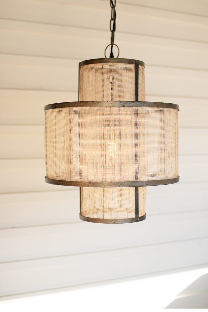 Round double layered woven fiber and metal pendant light - The Nifty Decor