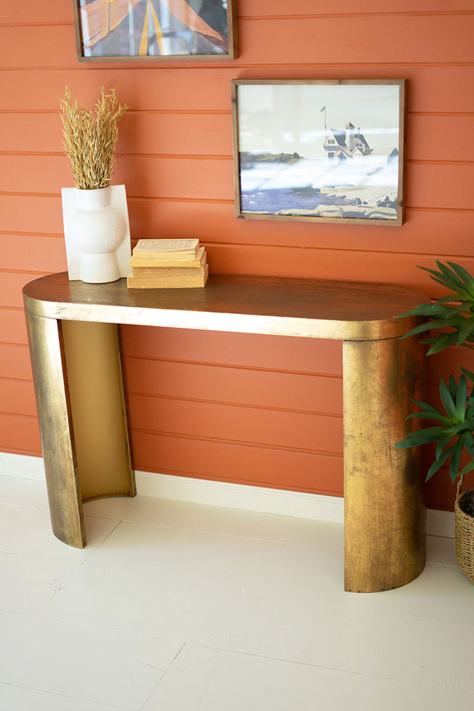 Oval antique brass console table - The Nifty Decor
