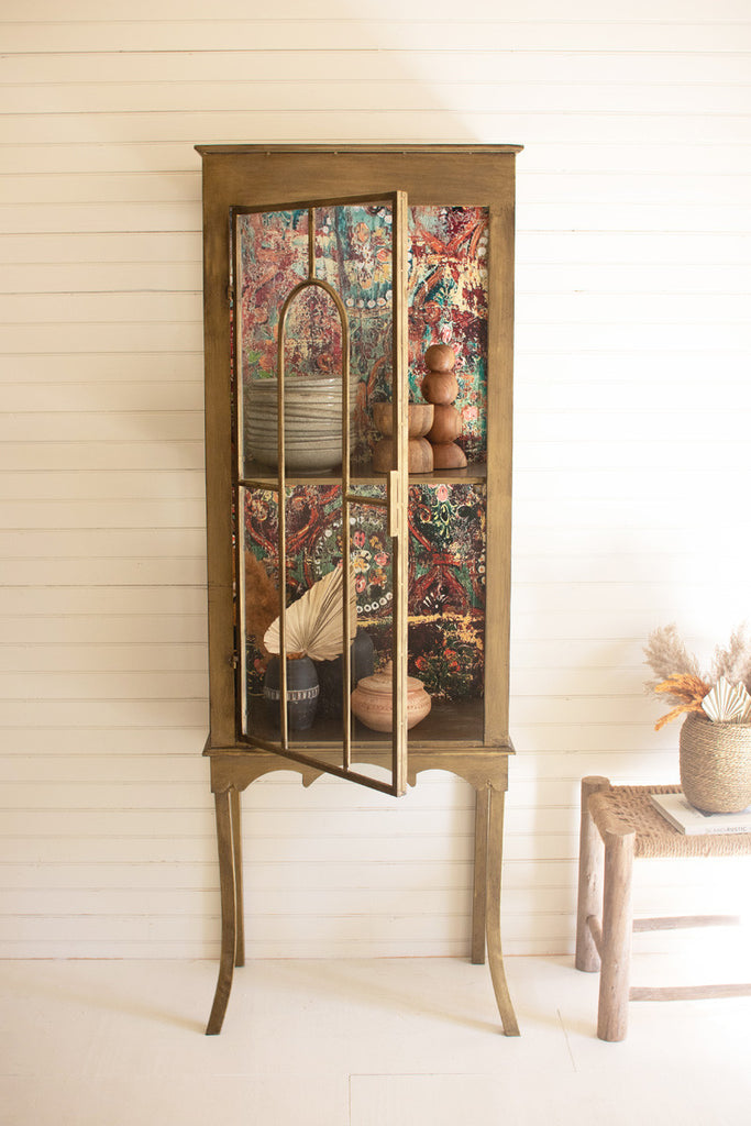Gold metal and glass cabinet with colorful print back - Bombay Mercantile