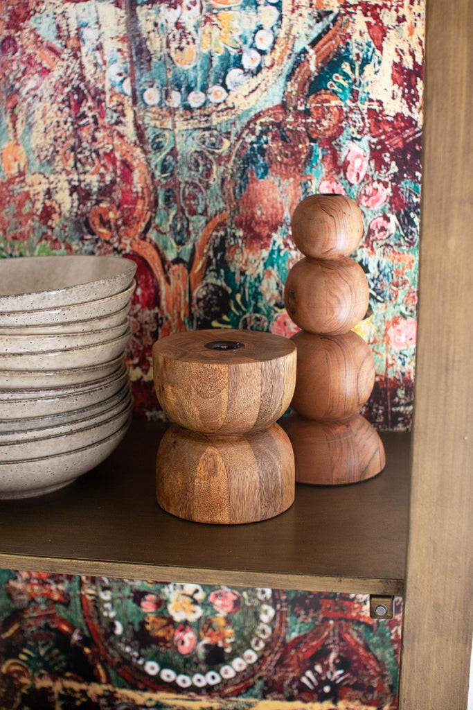 Gold metal and glass cabinet with colorful print back - Bombay Mercantile
