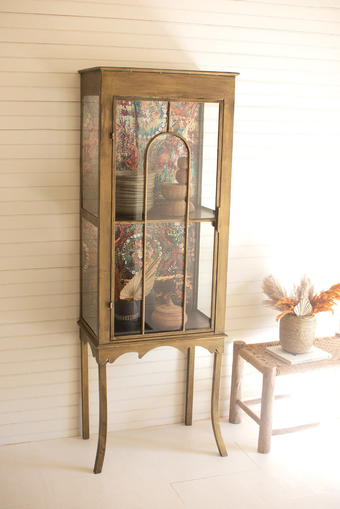 Gold metal and glass cabinet with colorful print back - Bombay Mercantile