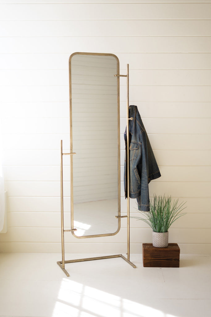 Antique brass floor mirror on a stand - Bombay Mercantile