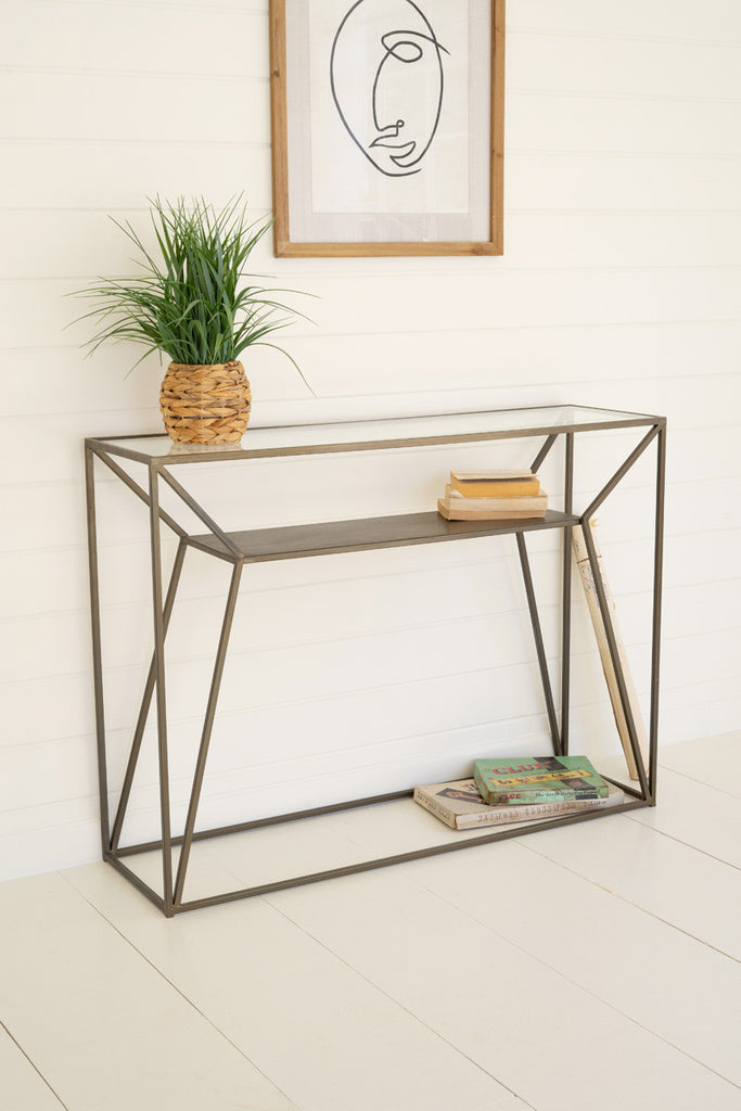 Metal console with glass top - Bombay Mercantile