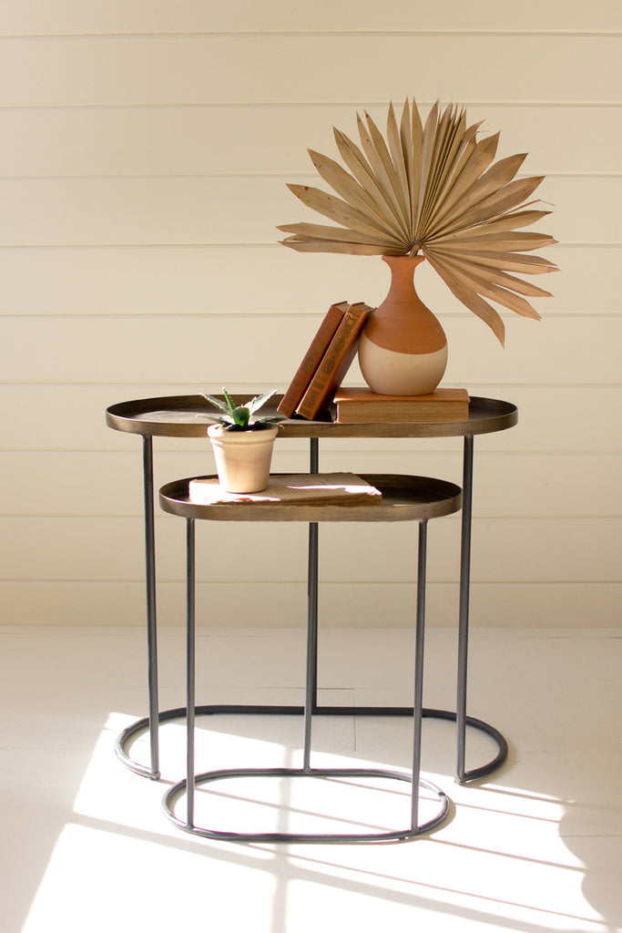 Set of 2 oval antique brass accent tables - Bombay Mercantile
