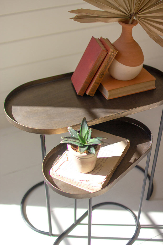 Set of 2 oval antique brass accent tables - Bombay Mercantile