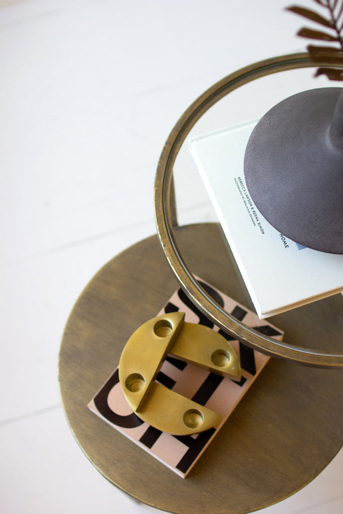 Double round accent tables with antique brass and glass tops - Bombay Mercantile