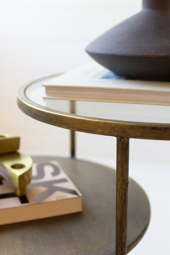 Double round accent tables with antique brass and glass tops - Bombay Mercantile