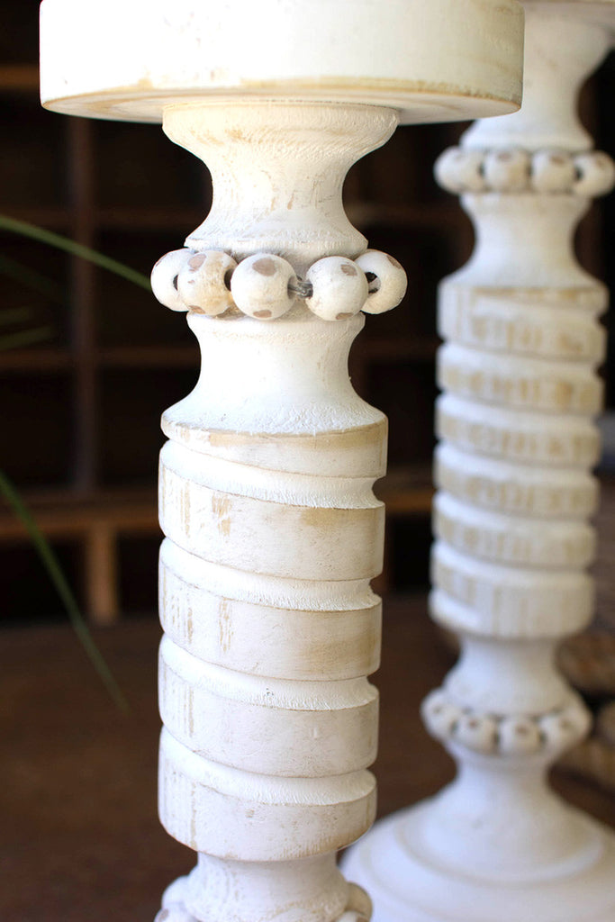 Set of 2 white washed carved wooden candle stands - Bombay Mercantile