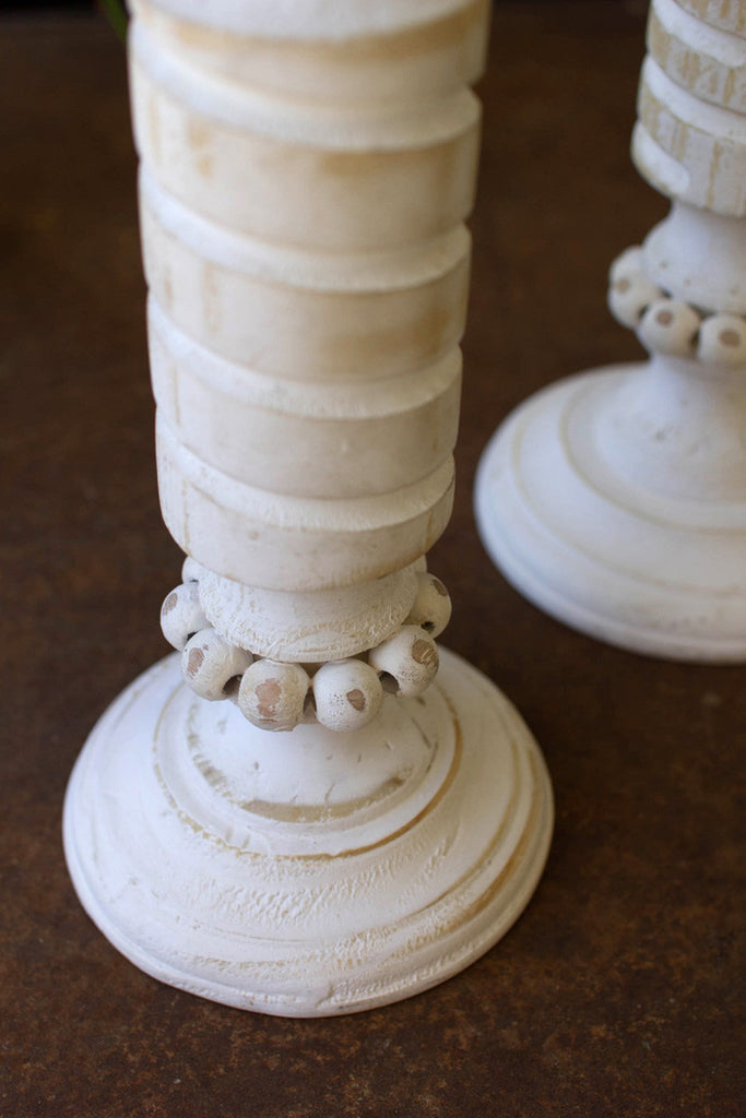 Set of 2 white washed carved wooden candle stands - Bombay Mercantile