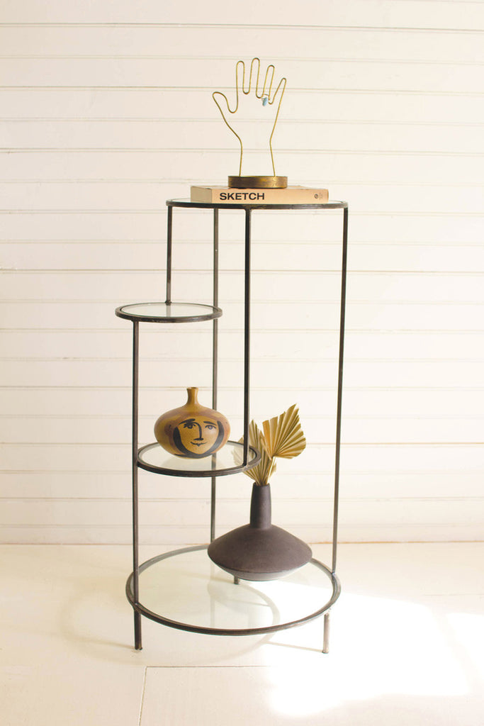 Four-tiered metal accent table with round glass shelves - Bombay Mercantile